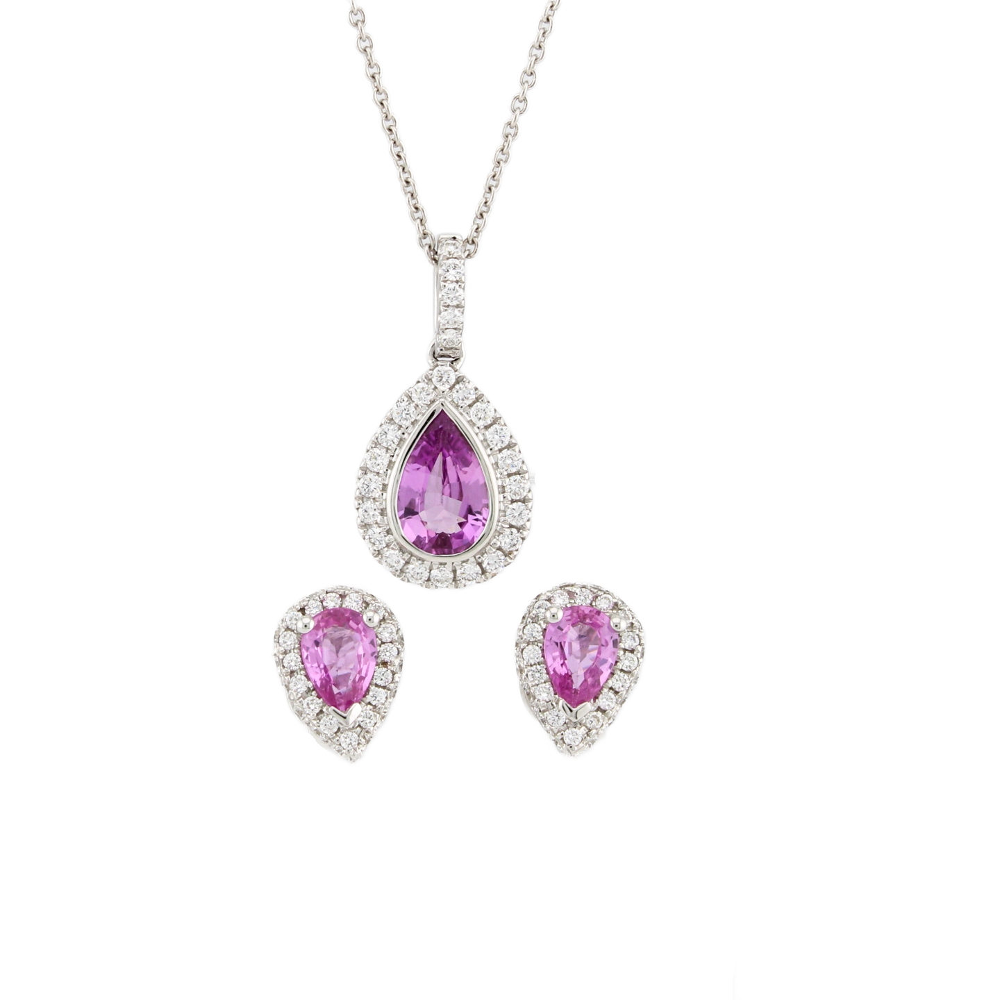 18ct White Gold Diamond & Pink Sapphire Necklace & Earrings Set 18ct White Gold Diamond & Pink Sapphire Necklace & Earrings Set