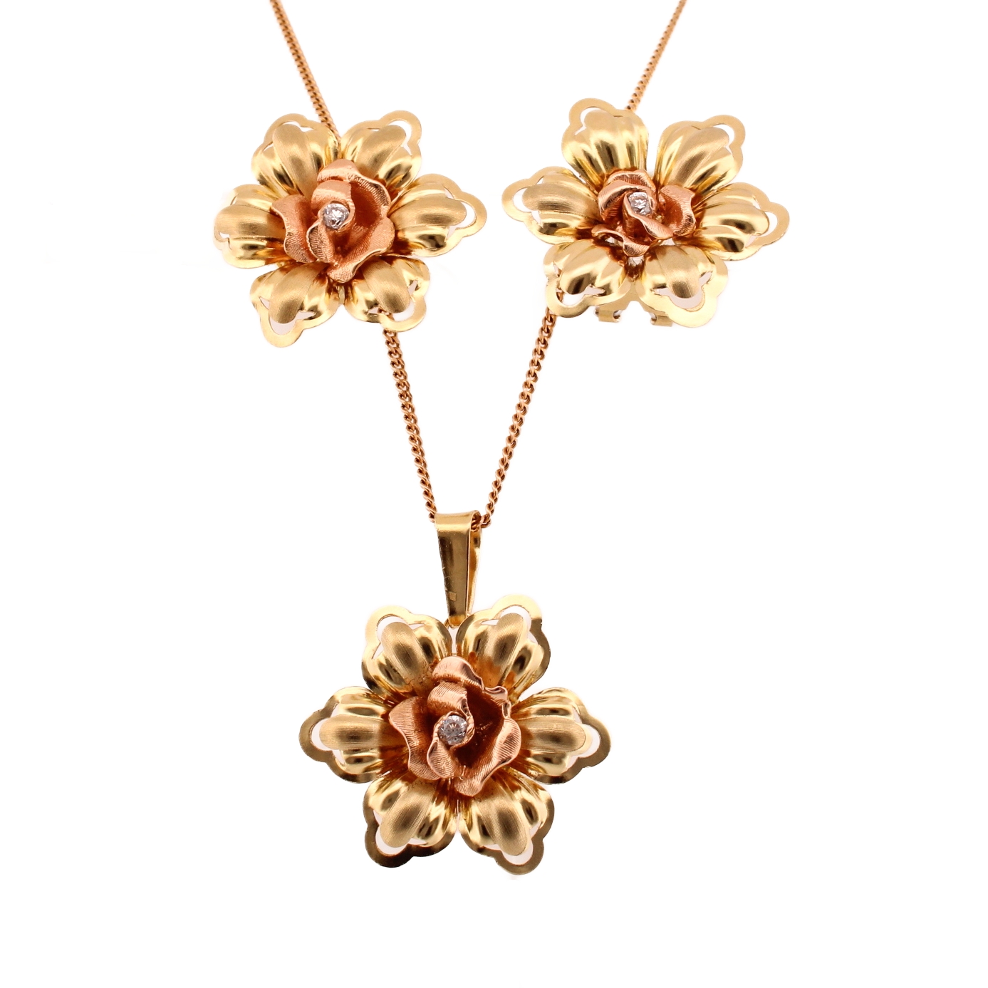 Pre-Owned 18ct 2 Colour Gold Floral Pendant & Earrings Set Pre-Owned 18ct 2 Colour Gold Floral Pendant & Earrings Set